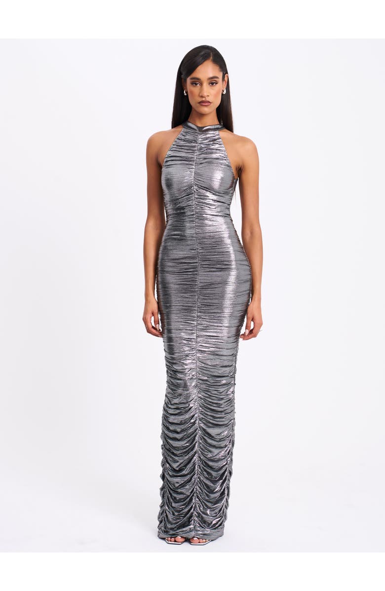 Miss Circle Abril Ruched Glitter Backless Gown, Alternate, color, Silver