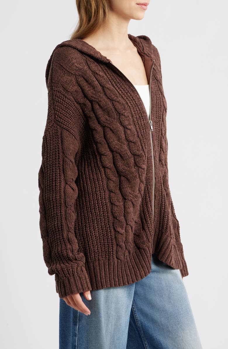 PacSun Dylan Cable Knit Zip-Up Hooded Sweater, Alternate, color, Brown