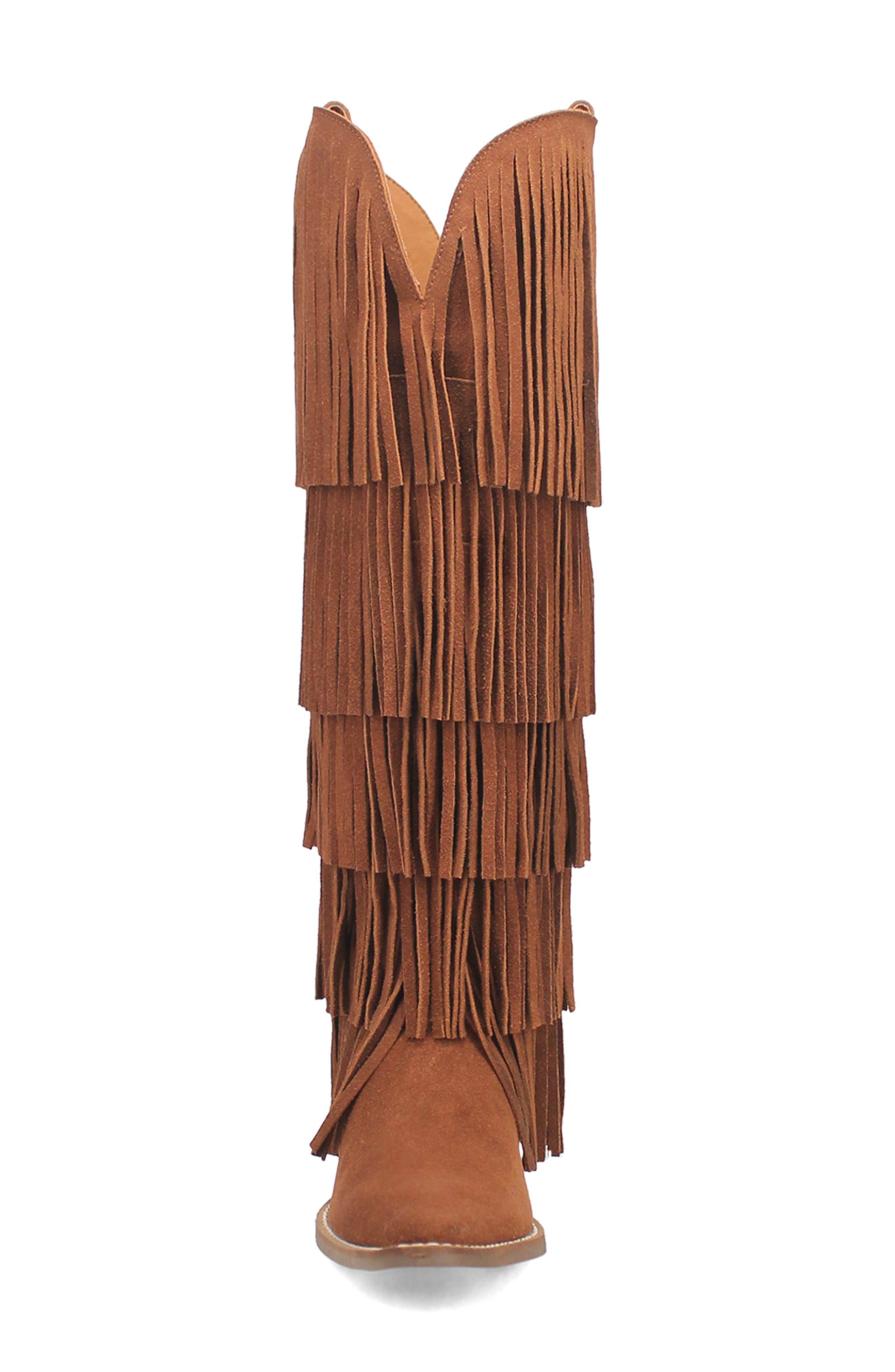 Dingo Wild Child Fringe Knee High Western Boot, Alternate, color, Brown