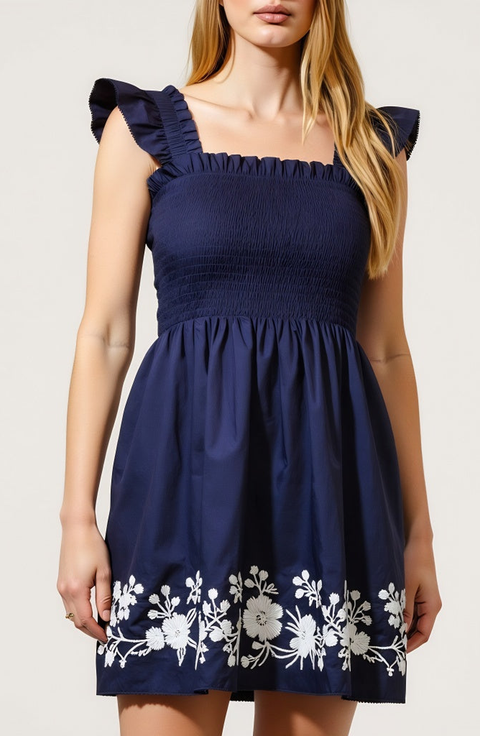 Smocked Ruffle Strap Mini Dress with Floral Embroidery Hem