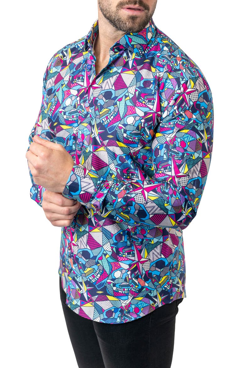 Fibonacci Abstract Skull Cotton Button-Up Shirt, Alternate, color, BLUE