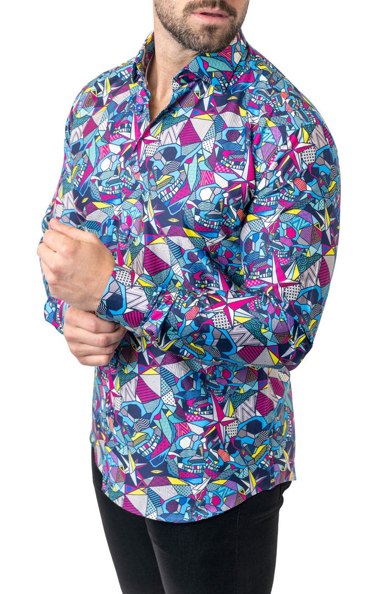 Maceoo Fibonacci Abstract Skull Cotton Button-Up Shirt, Alternate, color, Blue