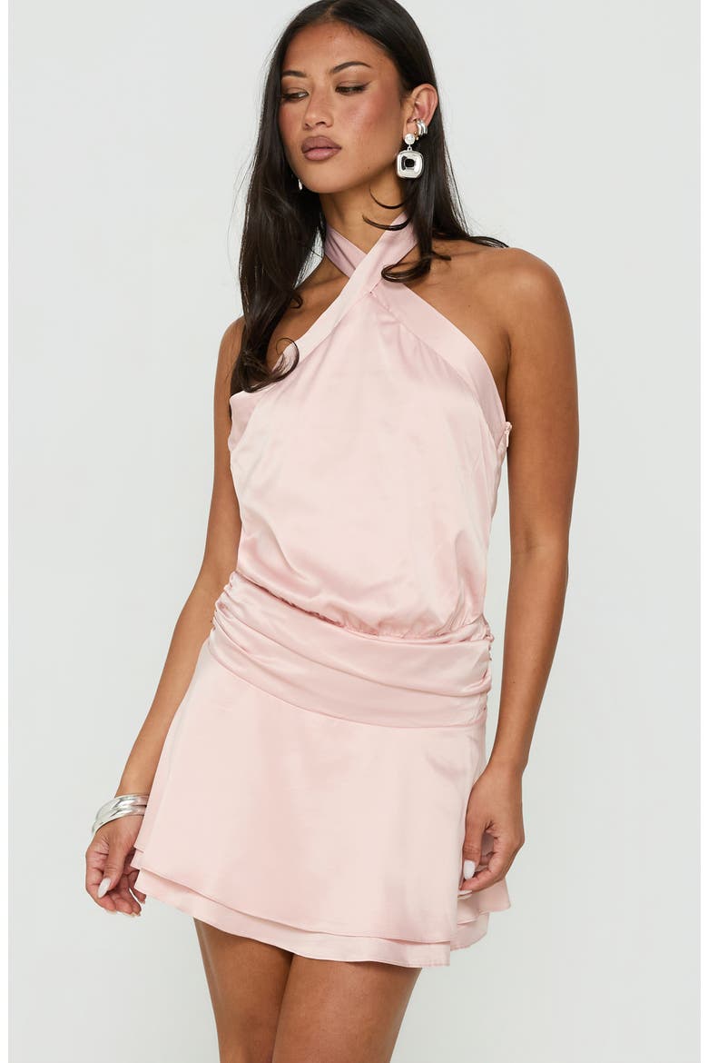 Sparkler Ruched Satin Arrowneck Minidress, Alternate, color, PINK
