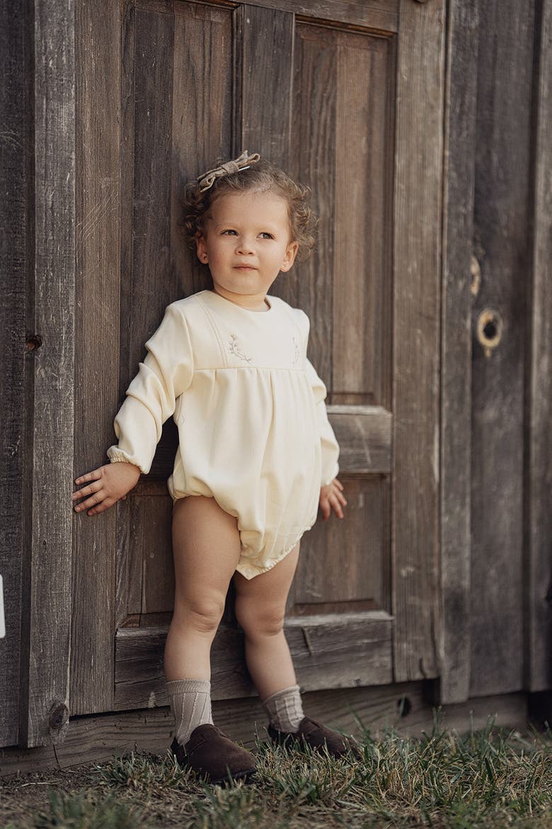 Infant Cream Floral Embroidered Bubble Romper - Rayon-Spandex, Long Sleeve, Crewneck, Zipper and Snap Closure, Alternate, color, Cream