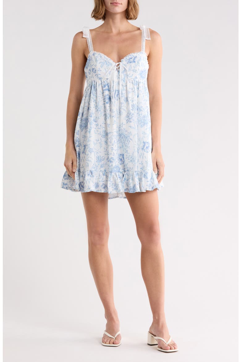 Floral Tie Shoulder Babydoll Minidress, Main, color, CREAM BLUE