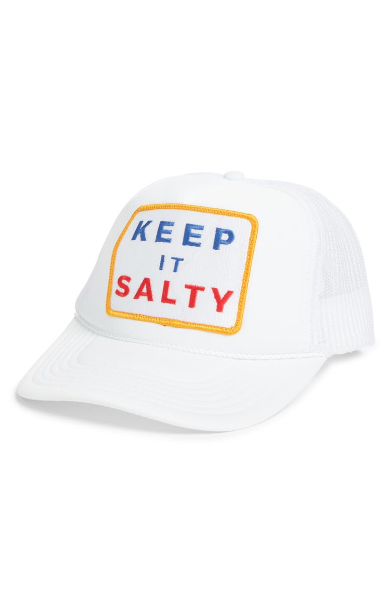 Friday Feelin’ Keep it Salty Patch Trucker Hat, Main, color, White