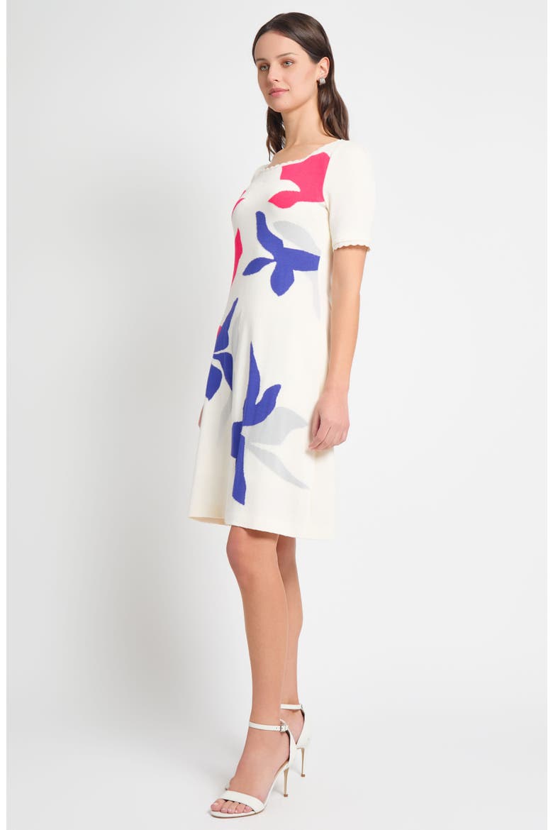 Floral Short Sleeve Sweater Dress, Alternate, color, IVORY/ SAPPHIRE/FUSCHIA