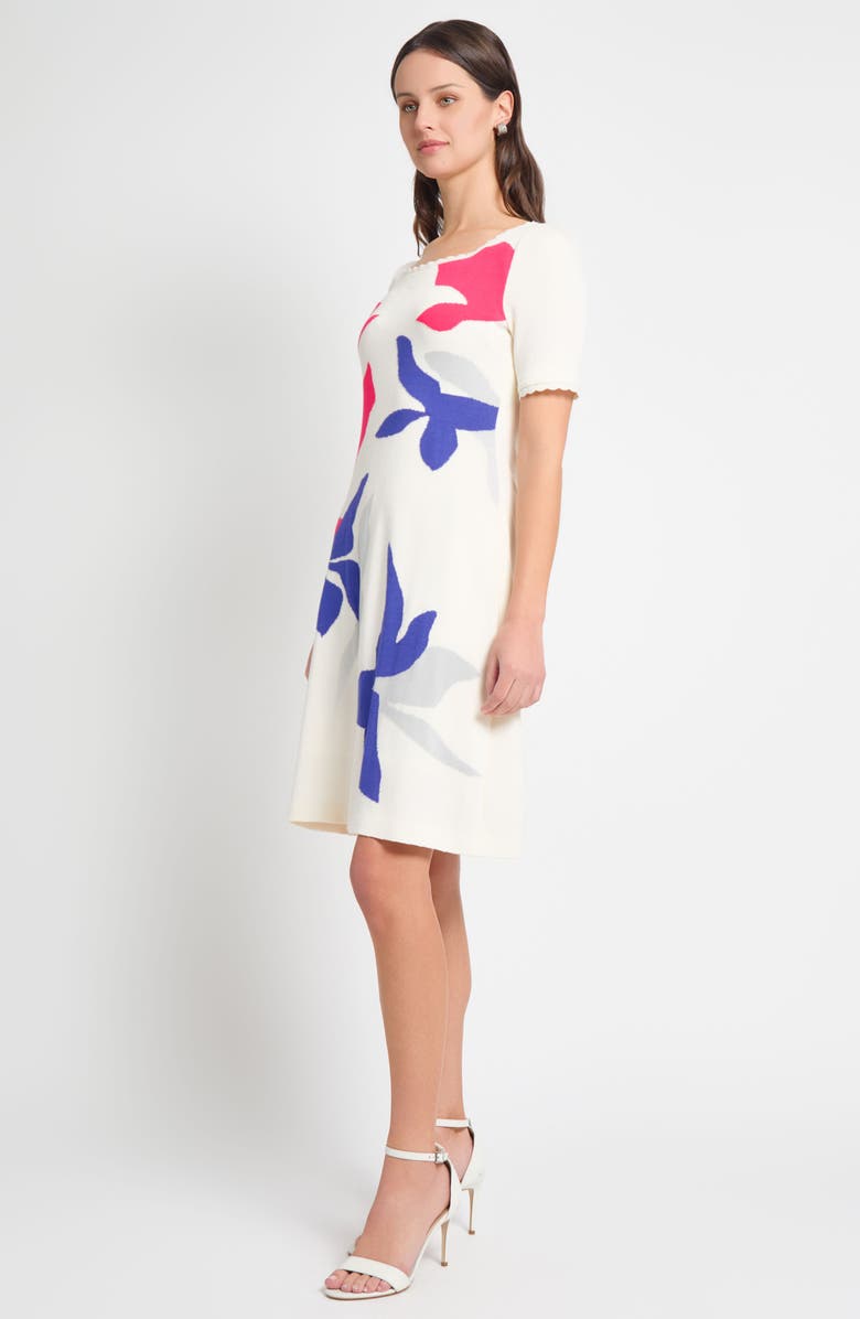Ming Wang Floral Short Sleeve Sweater Dress, Alternate, color, Ivory/ Sapphire/Fuschia