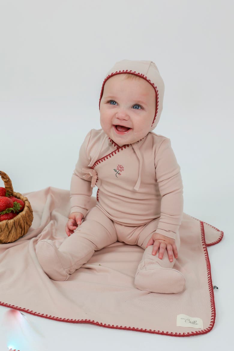 Boy Embroidered Rocking Horse Wrap Romper with Bonnet, Alternate, color, Cream