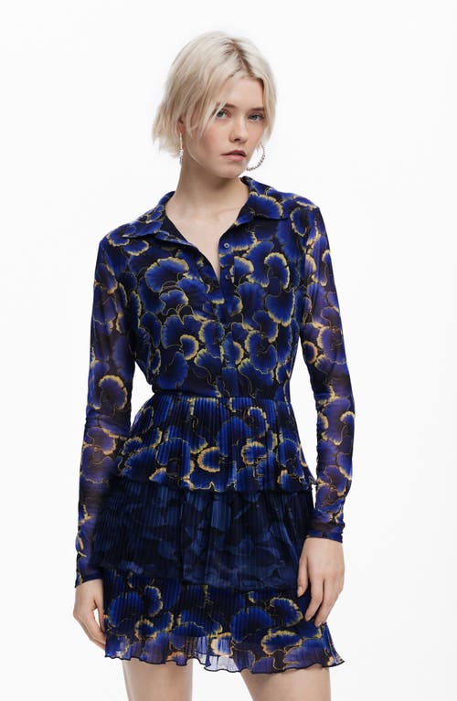 Desigual Floral Print Long Sleeve Minidress In Navy Blue
