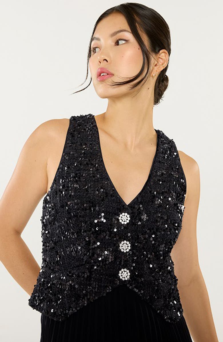 LIKELY Dorothea Sequin Pleated Sleeveless Midi Dress, Alternate, color, Black