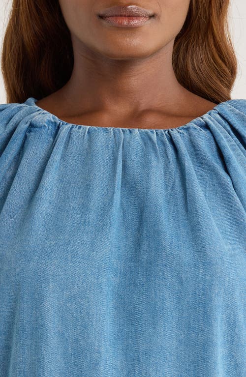 Topshop Denim Puff Sleeve Top With Bow Tie In Blue