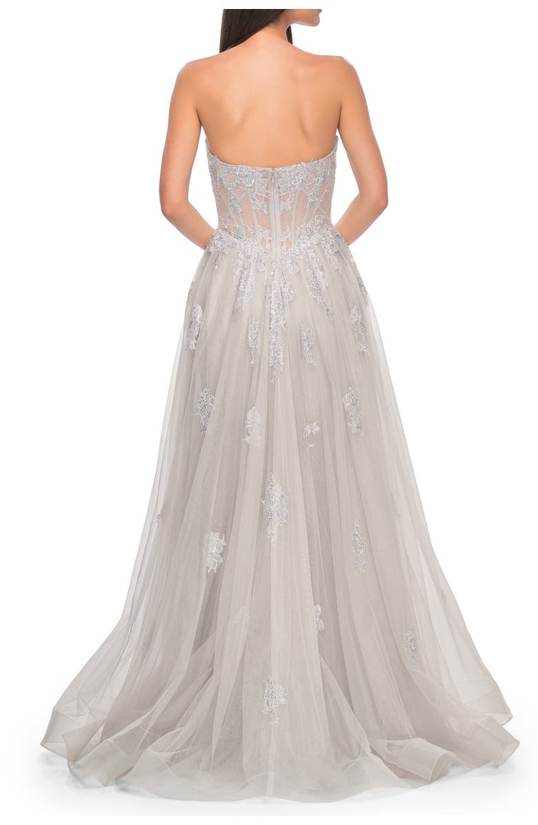 La Femme Gorgeous Lace A-Line Dress with Rhinestone Lace Details, Alternate, color, Silver