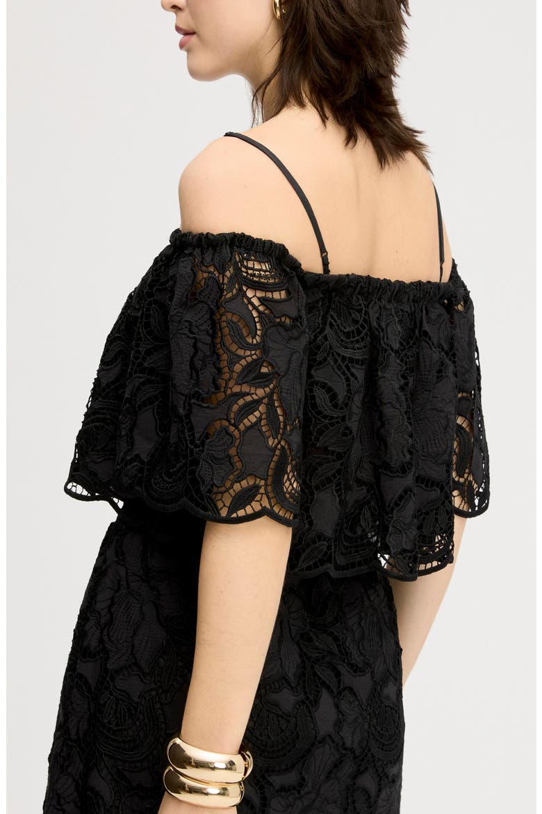 Lace Ruffle Off the Shoulder Crop Top, Alternate, color, TRUE BLACK