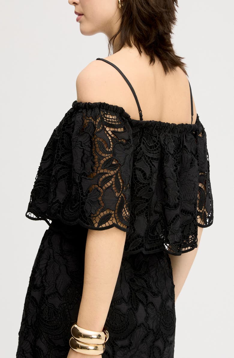 Sam Edelman Lace Ruffle Off the Shoulder Crop Top, Alternate, color, True Black