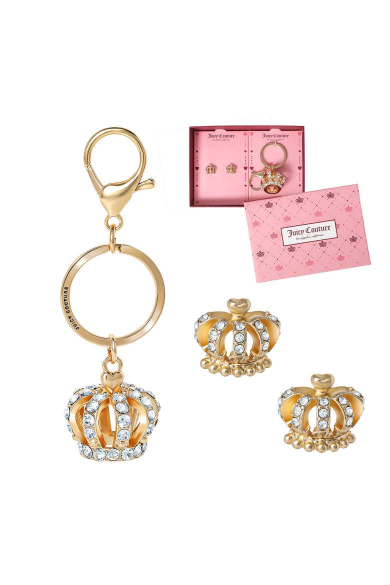 Crystal Crown Keychain & Earring Set, Main, color, Gold, silver