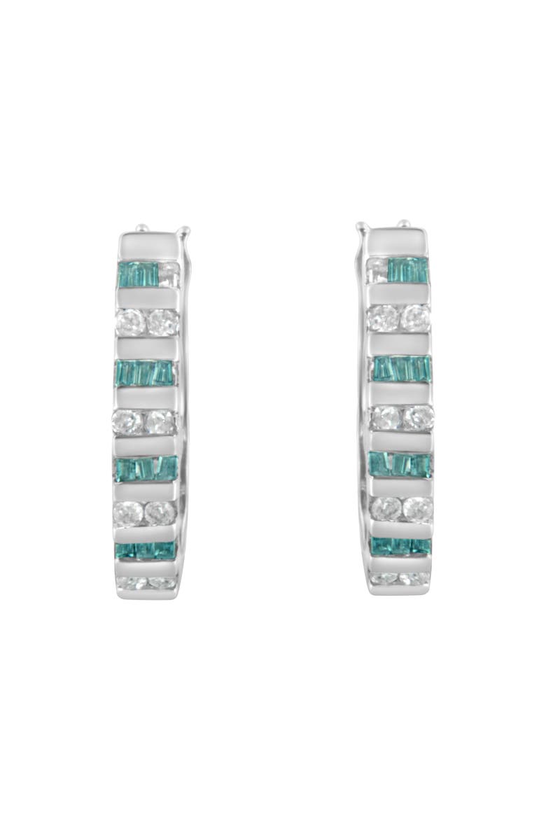 10k White Gold Round and Blue Baguette 1/2 Ct Diamond Hoop Earrings, Alternate, color, White