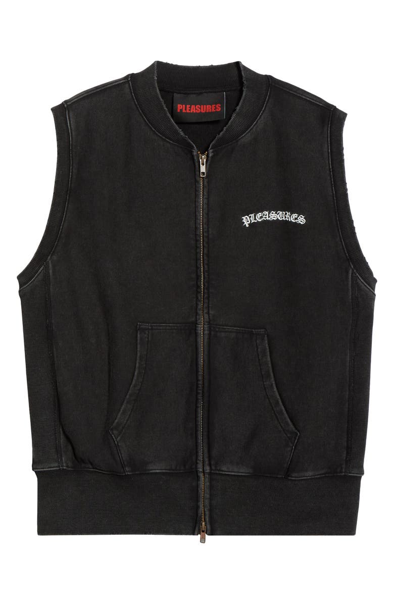 PLEASURES Embroidered Logo Denim Vest, Alternate, color, Faded Black