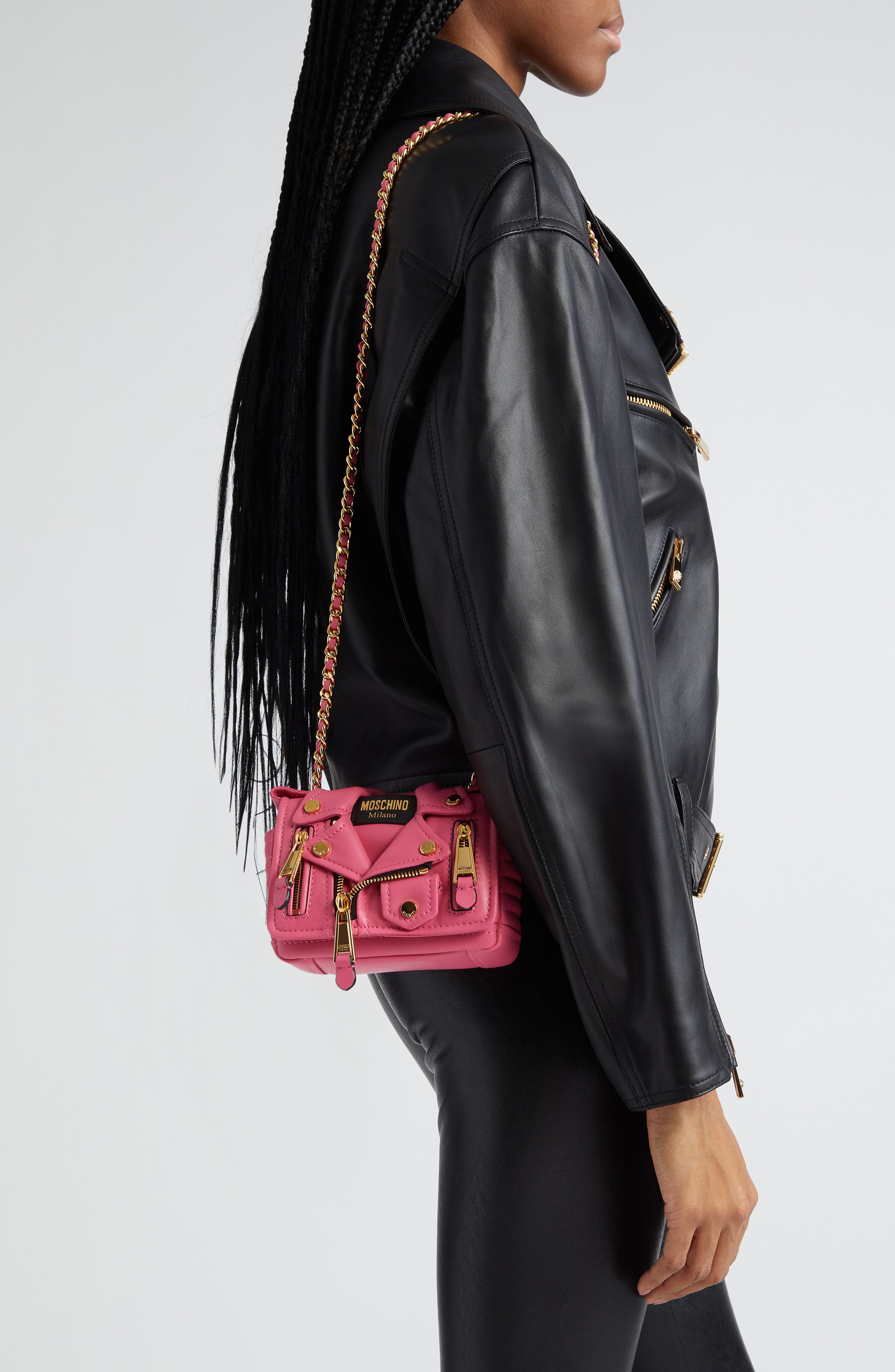 Moschino Mini Biker Leather Shoulder Bag, Alternate, color, 