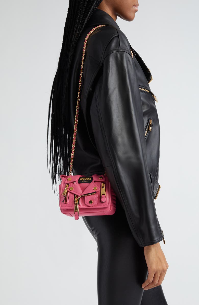 Moschino Mini Biker Leather Shoulder Bag, Alternate, color,