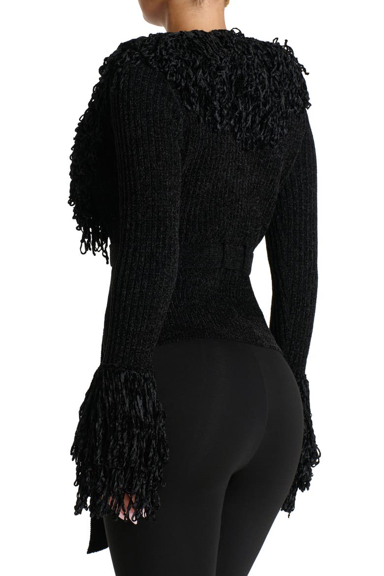 Fringe Tie Waist Chenille Cardigan, Alternate, color, BLACK