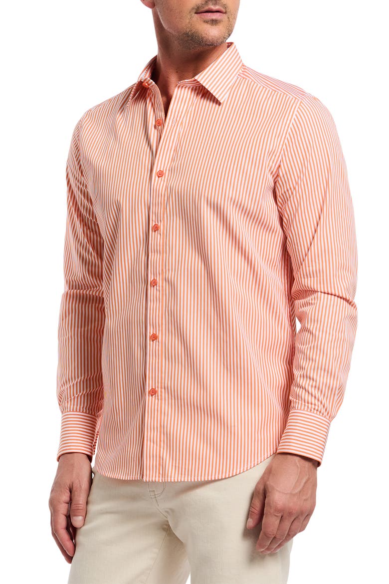 Greenwich Stripe Stretch Button-Up Shirt, Alternate, color, ORANGE