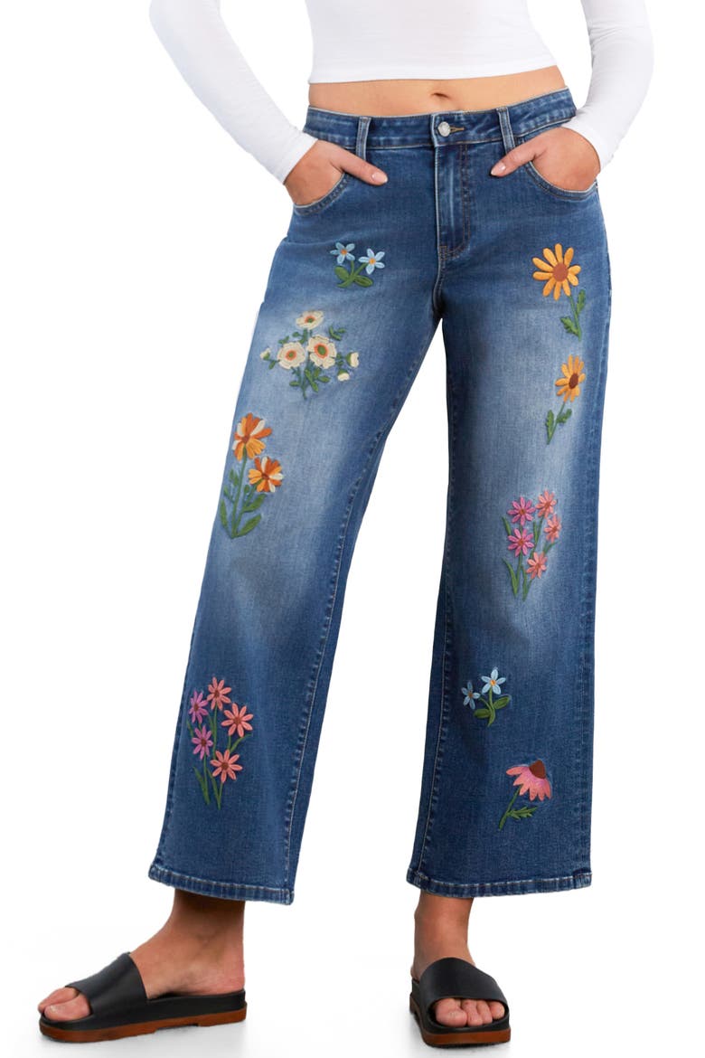 Meadow Kiss Floral Embroidered Ankle Straight Leg Jeans, Main, color, SHINE BLUE