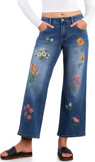 Billy T Meadow Kiss Floral Embroidered Ankle Straight Leg Jeans