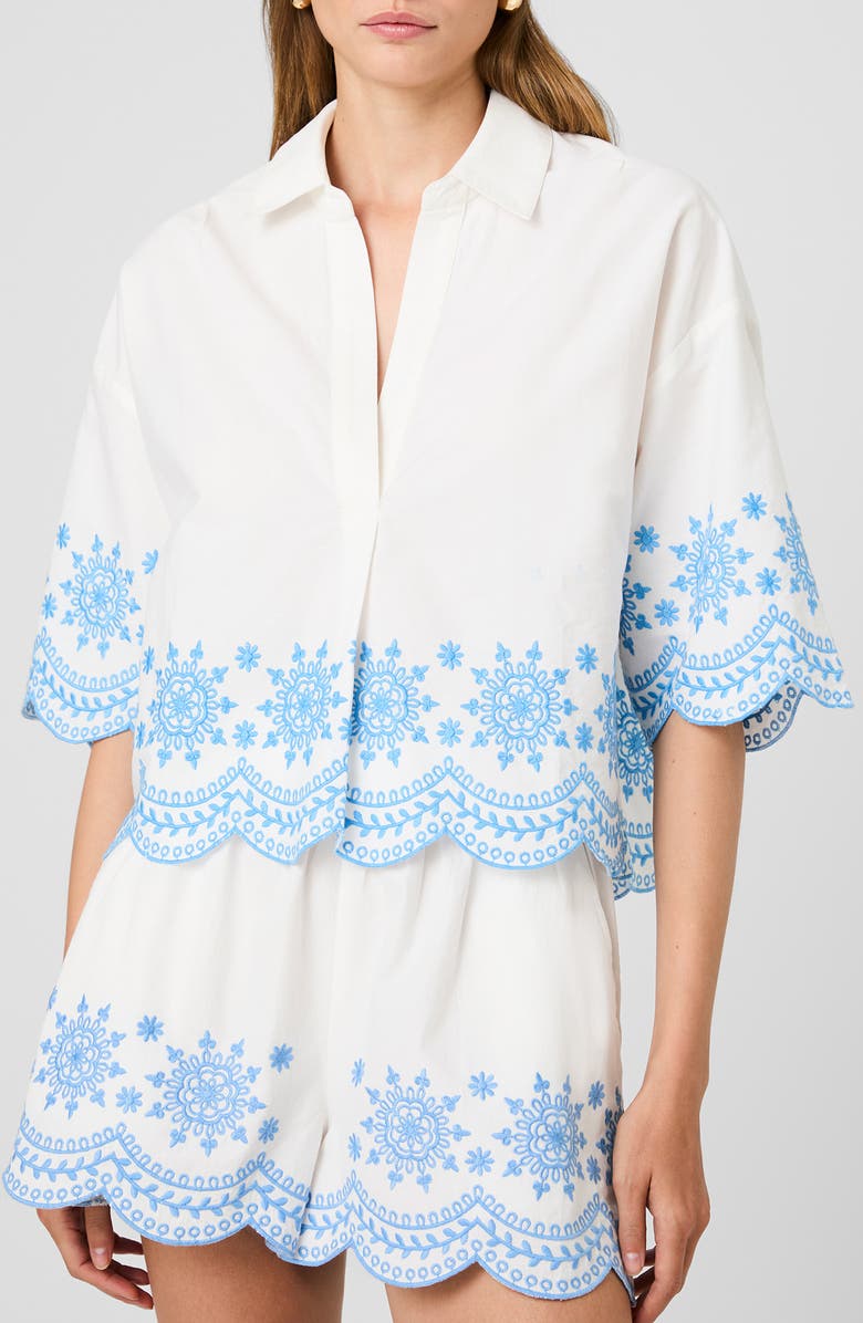 French Connection Alissa Embroidered Cotton Top, Main, color, White/ Poolside Blue