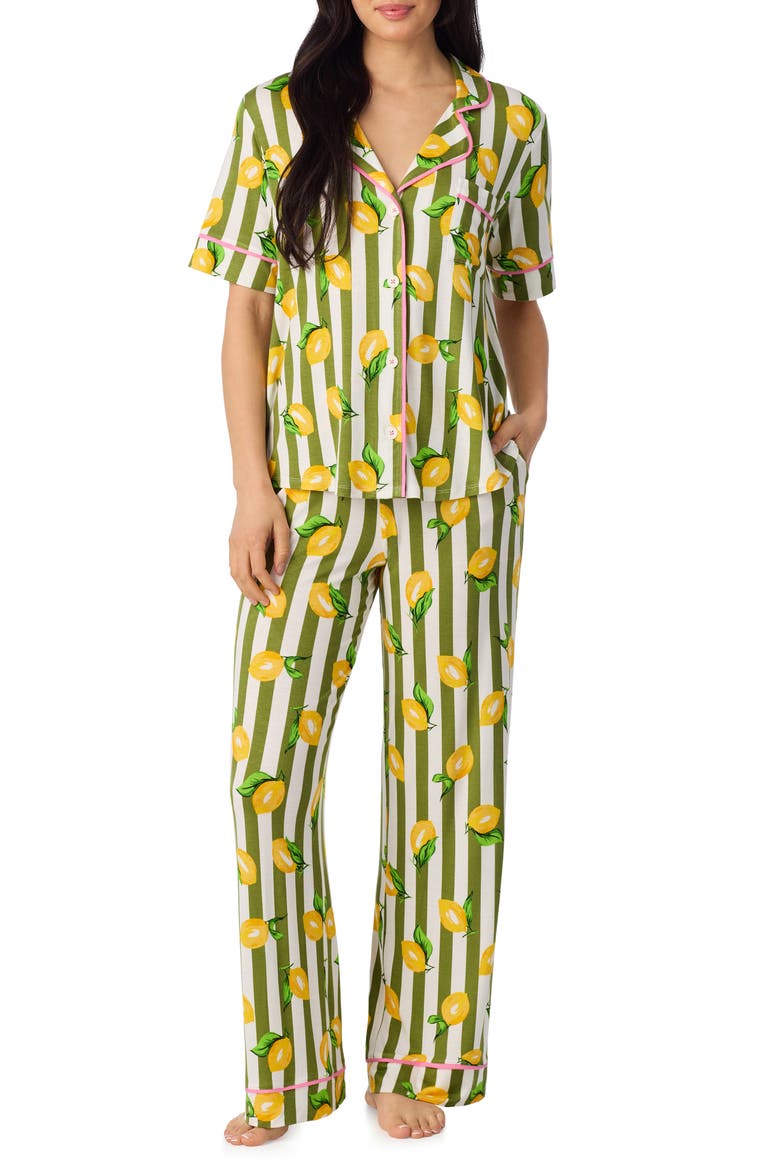 Print Long Pajamas, Main, color, GREEN STRIPE
