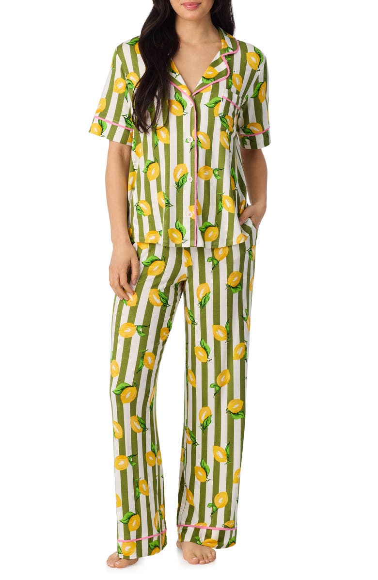 Room Service Pjs Print Long Pajamas, Main, color, Green Stripe