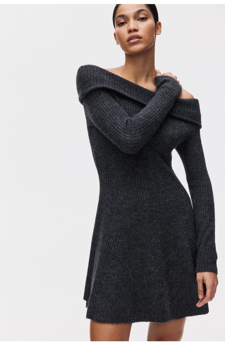 H&M Rib-knit Off-the-shoulder Dress, Alternate, color, Dark Gray Melange