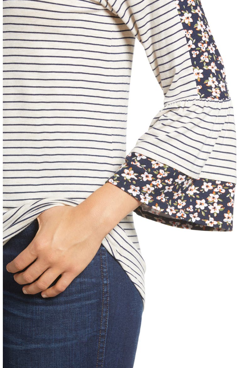 Floral Stripe Flounce Sleeve Top, Alternate, color, OATMEAL/ NAVY