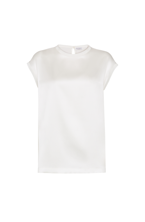 Brunello Cucinelli White Stretch Silk Satin Monili Top In White