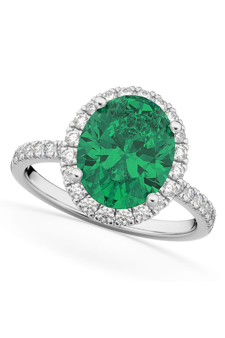Oval Cut Halo Emerald & Diamond Engagement Ring 14K, Main, color, 3.11ct/White Gold
