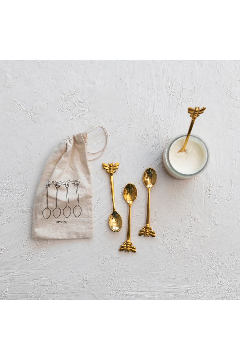Farmhouse Brass Spoons with Bee Handles in Drawstring Bag, Alternate, color, Brass
