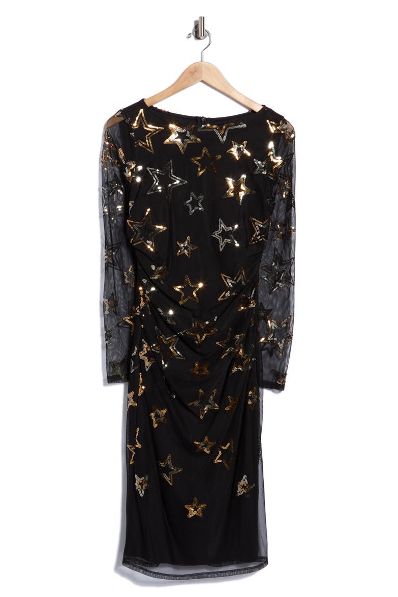 Sequined Star Mesh Long Sleeve Midi Body-Con Dress, Alternate, color, BLACK GOLD