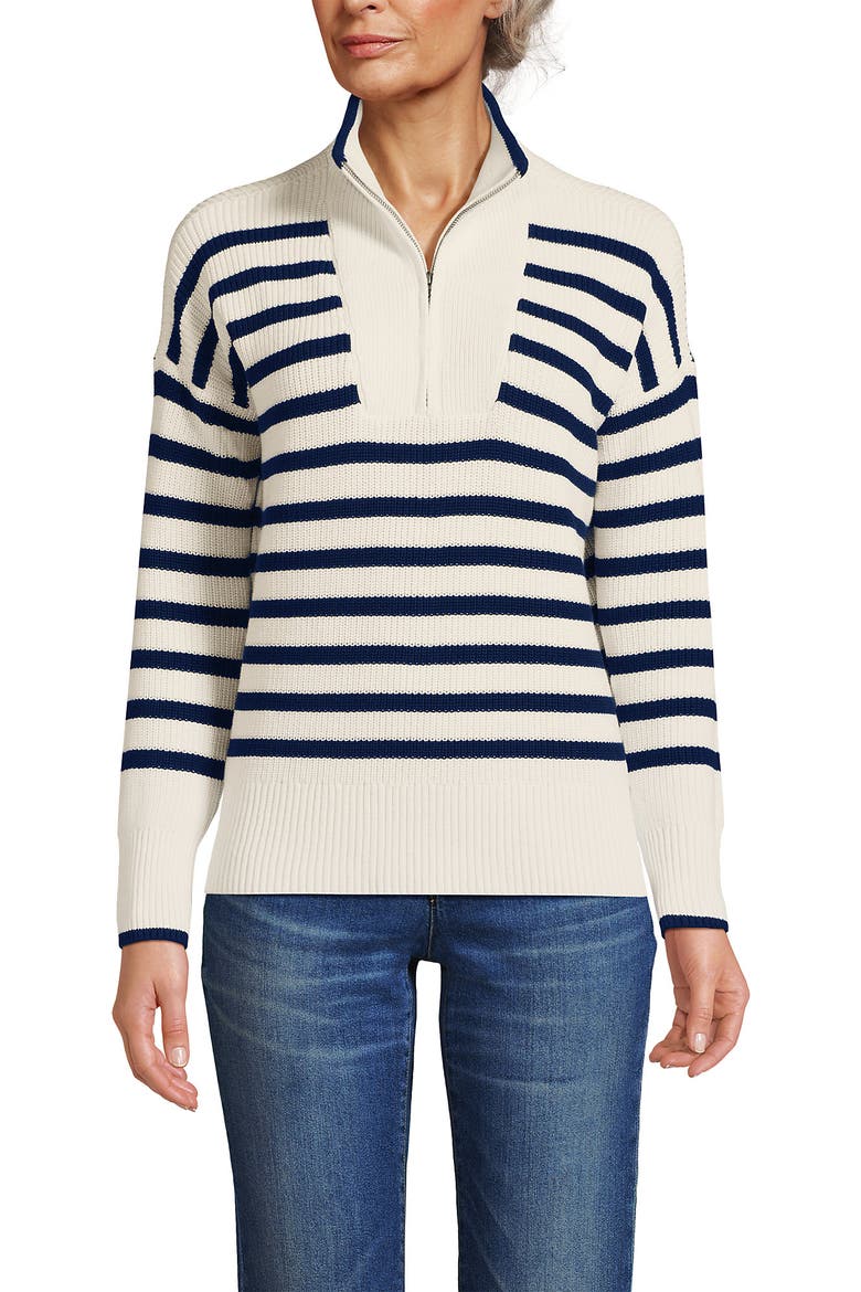 Drifter Cotton Quarter Zip Pullover Sweater, Alternate, color, Ivory/Navy Stripe