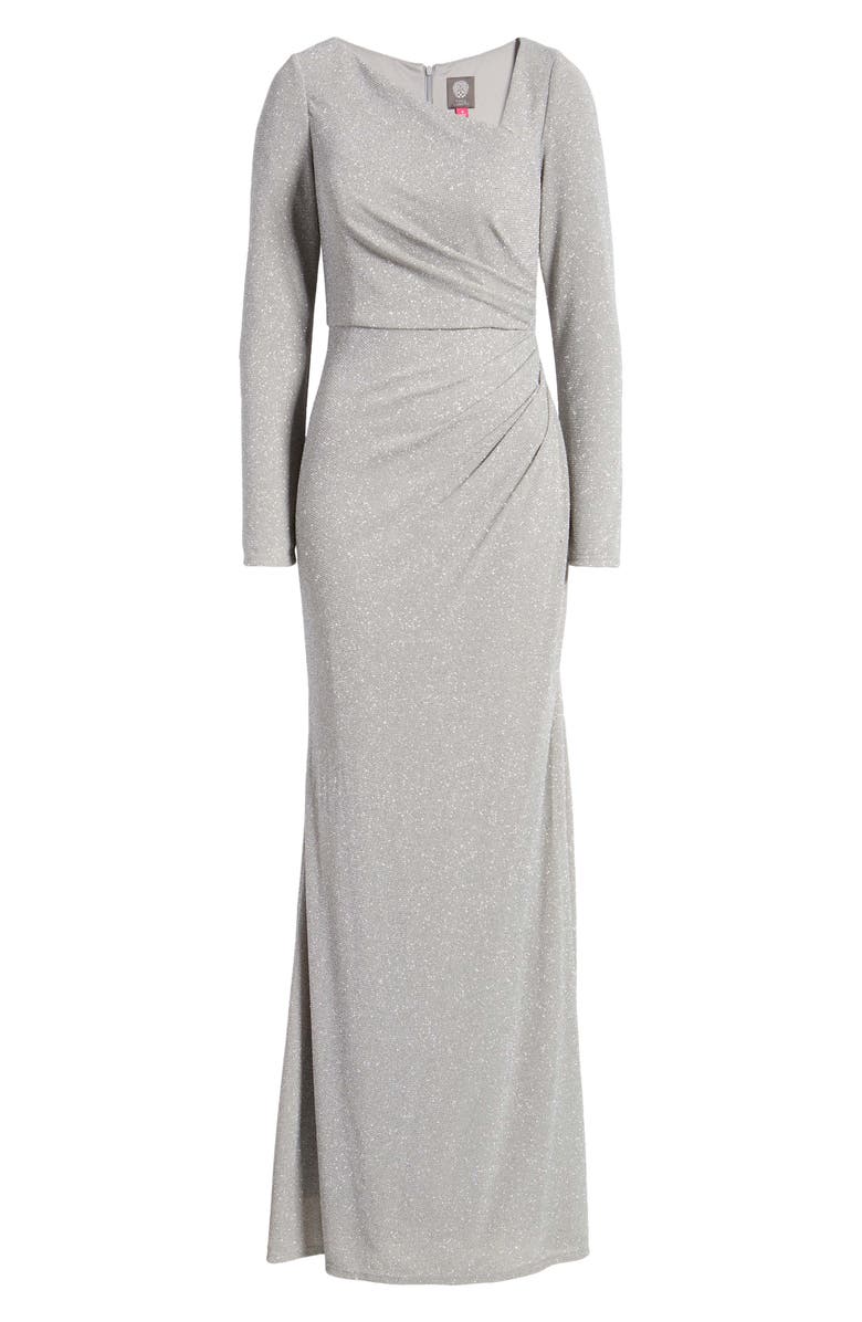 Vince Camuto Metallic Asymmetrical Neck Long Sleeve Gown, Alternate, color, 