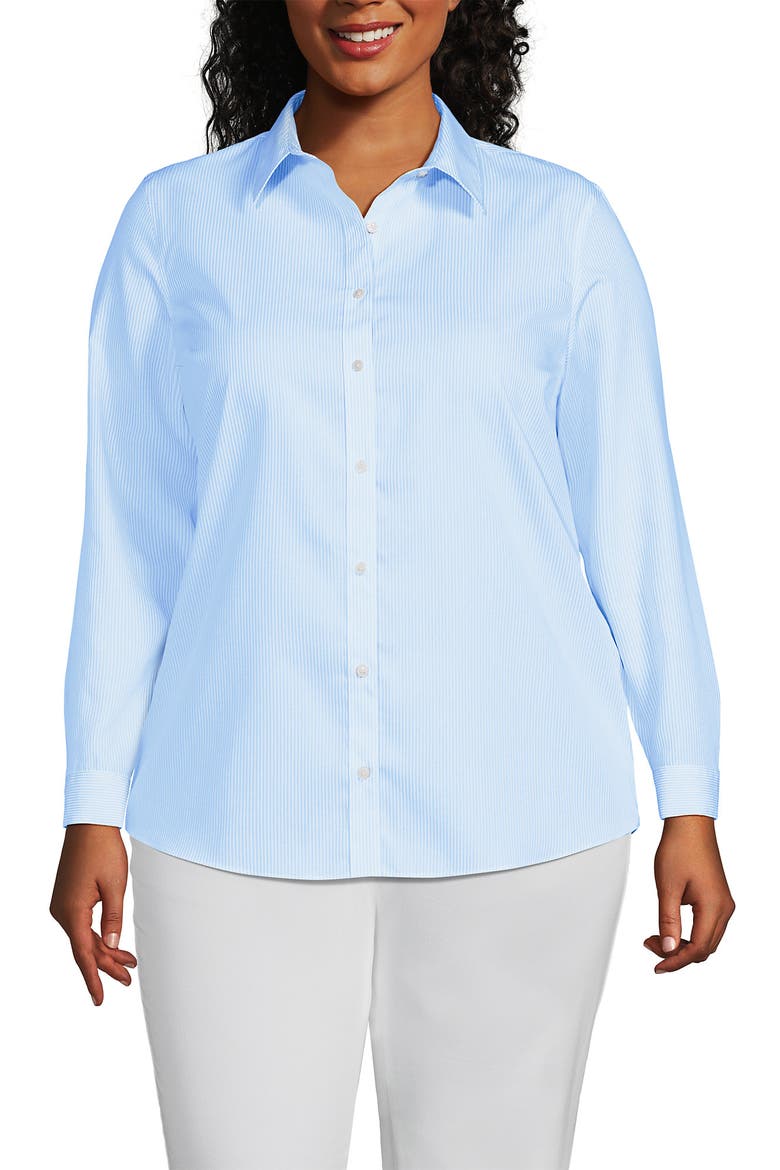 Plus Size No Iron Button Front Shirt, Main, color, Bermuda Blue Mini Stripe