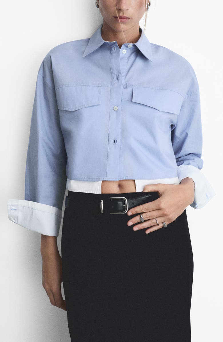 MANGO Contrast Trim Crop Cotton Button-Up Shirt, Main, color, 