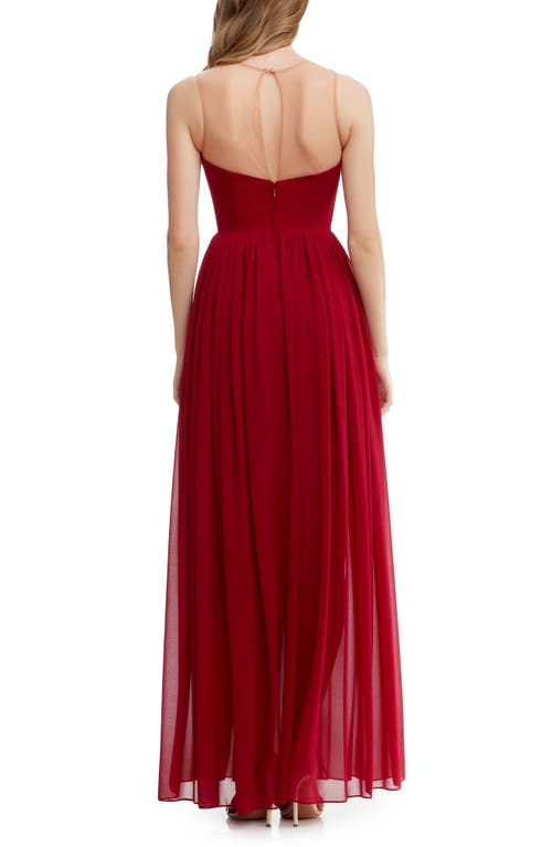 Dress The Population Eleanor Illusion Neck Gown In Burgundy