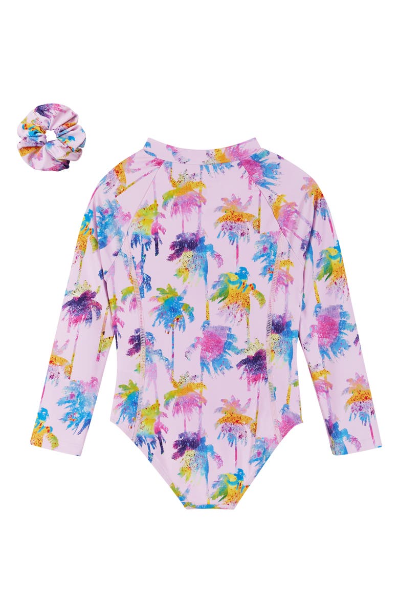 Andy & Evan Kids' Palm Tree Long Sleeve One-Piece Rashguard Swimsuit & Scrunchie Set, Alternate, color, 