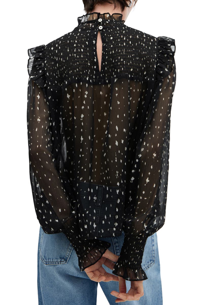 MANGO Dot Print Ruffle Long Sleeve Top, Alternate, color, Black