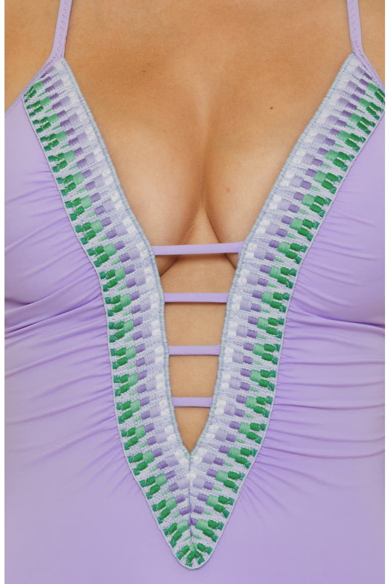 Fiesta Plunge One-Piece Swimsuit, Alternate, color, BELLFLOWER