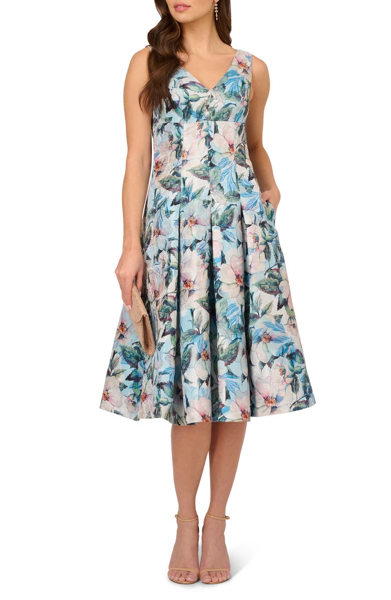 Adrianna Papell Floral Jacquard Midi Fit & Flare Cocktail Dress, Main, color, 