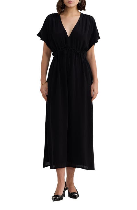 V-neck Gathered Maxi Dress in Black