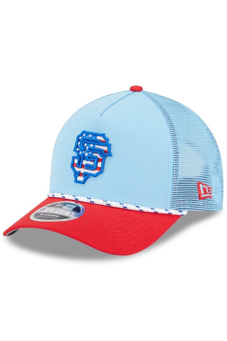 Men's New Era Light Blue/Red San Francisco Giants 2025 Fourth of July 9FORTY A-Frame M-Crown Adjustable Trucker Hat, Main, color, Light Blue