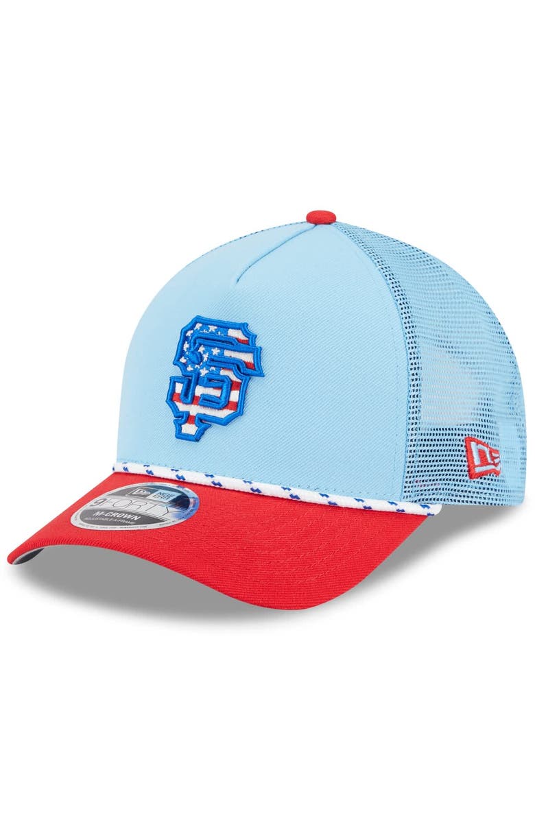New Era Men's New Era Light Blue/Red San Francisco Giants 2025 Fourth of July 9FORTY A-Frame M-Crown Adjustable Trucker Hat, Main, color, Light Blue