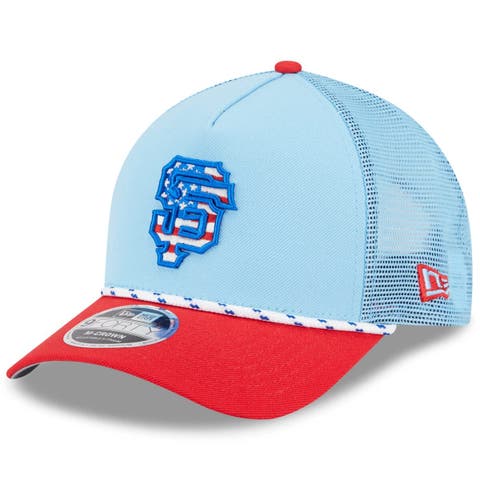 Men's New Era Light Blue/Red San Francisco Giants 2025 Fourth of July 9FORTY A-Frame M-Crown Adjustable Trucker Hat